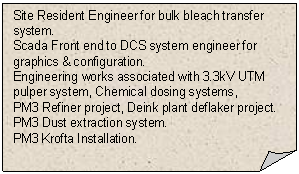 Folded Corner: Site Resident Engineer for bulk bleach transfer system.  
Scada Front end to DCS system engineer for graphics & configuration.  
Engineering works associated with 3.3kV UTM pulper system, Chemical dosing systems, 
PM3 Refiner project, Deink plant deflaker project. PM3 Dust extraction system. 
PM3 Krofta Installation.  
